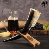 Viking Drinking Horn- with Vegvisir Engraved in Wooden Stand